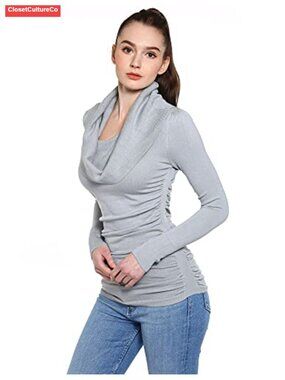 Slim Fit Cowl Neck Long Sleeve Ruched Pullover Tunic Sweater
